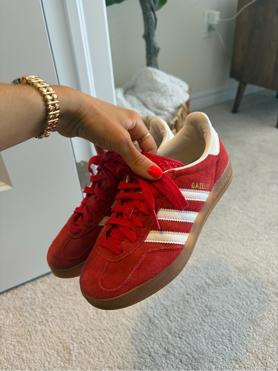 adidas Shoes - adidas Red Suede Gazelle Sneakers with White Stripes